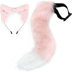 🆕 Halloween Pink Faux Fur Cat Fox Ears Headband Wolf Tail Party Costume Adult